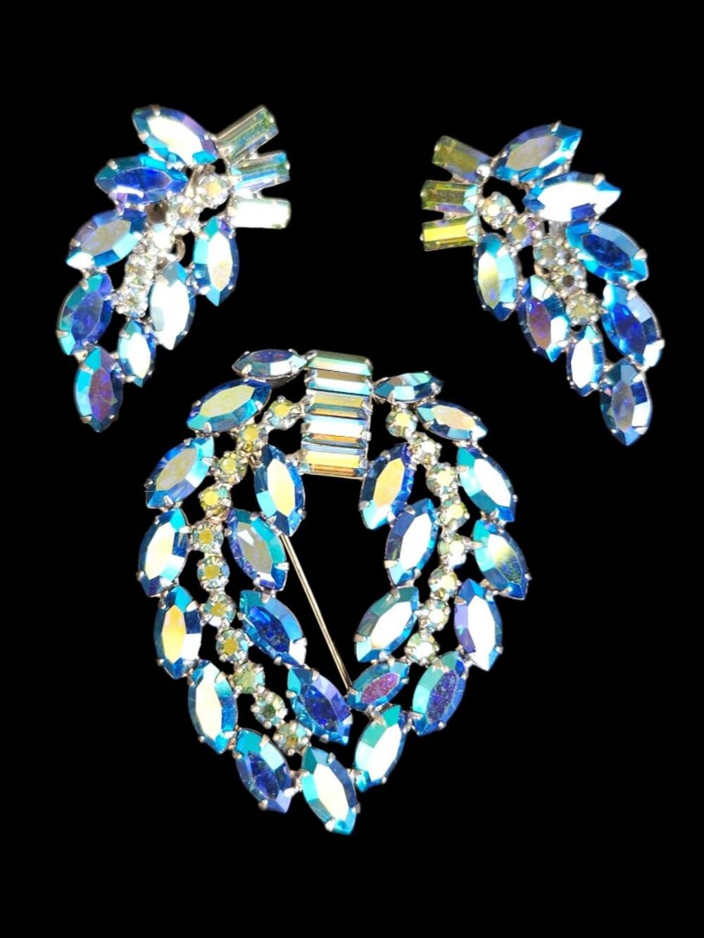 Vintage B. David Peacock Blue AB Rhinestone Brooch & Earring Set